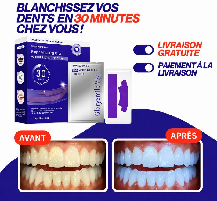 Ce que vous recevez: 14 bandes blanchissantes (7 applications) ✅ Résultats visibles dès la 1ère utilisation ✅ Blanchiment en 30 minutes par jour ✅ Compatible avec les dents sensibles ✅ Livraison gratuite ✅ Paiement à la livraison ✅